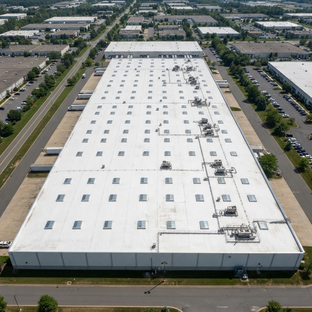 Aerial view of a commercial warehouse roof with white membrane roofing