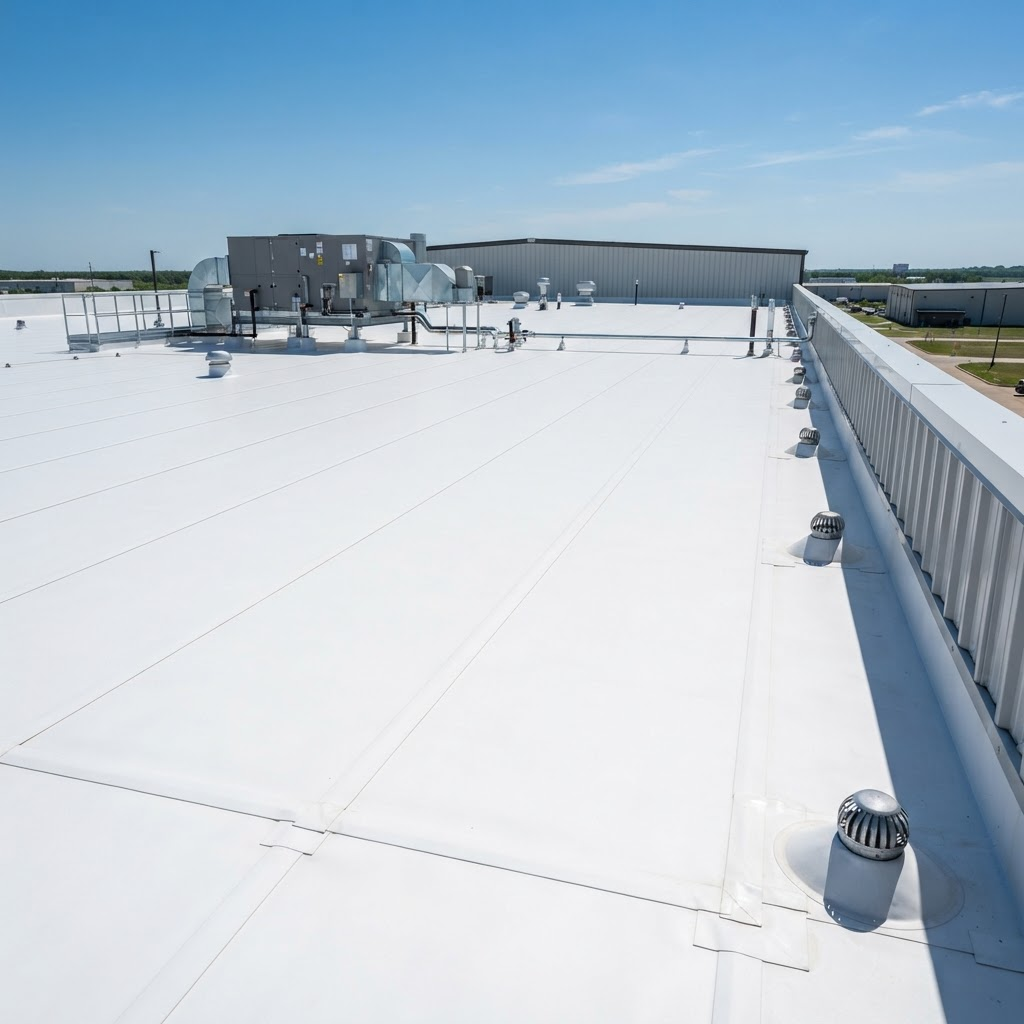 Flat commercial roof with a white PVC membrane system under a clear sky