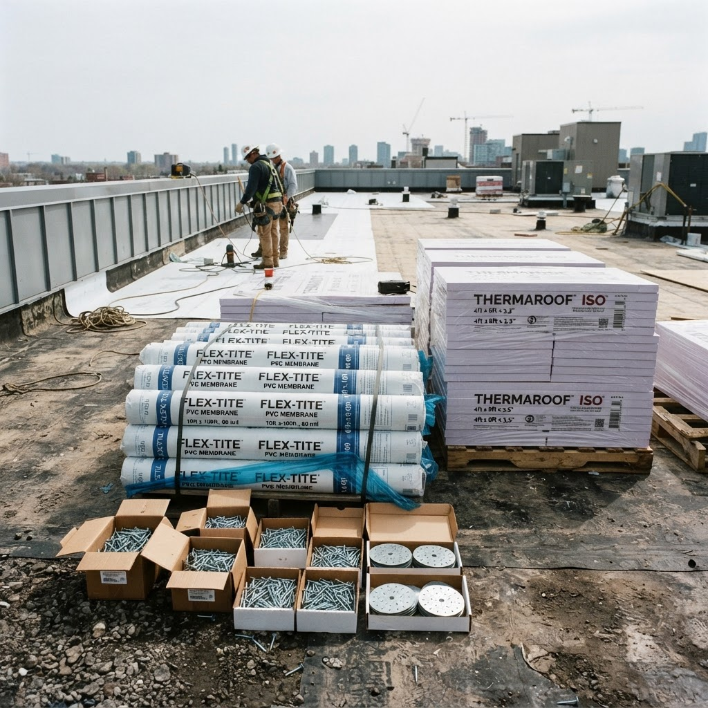 Rolls of PVC roofing membrane and insulation boards stacked on a jobsite