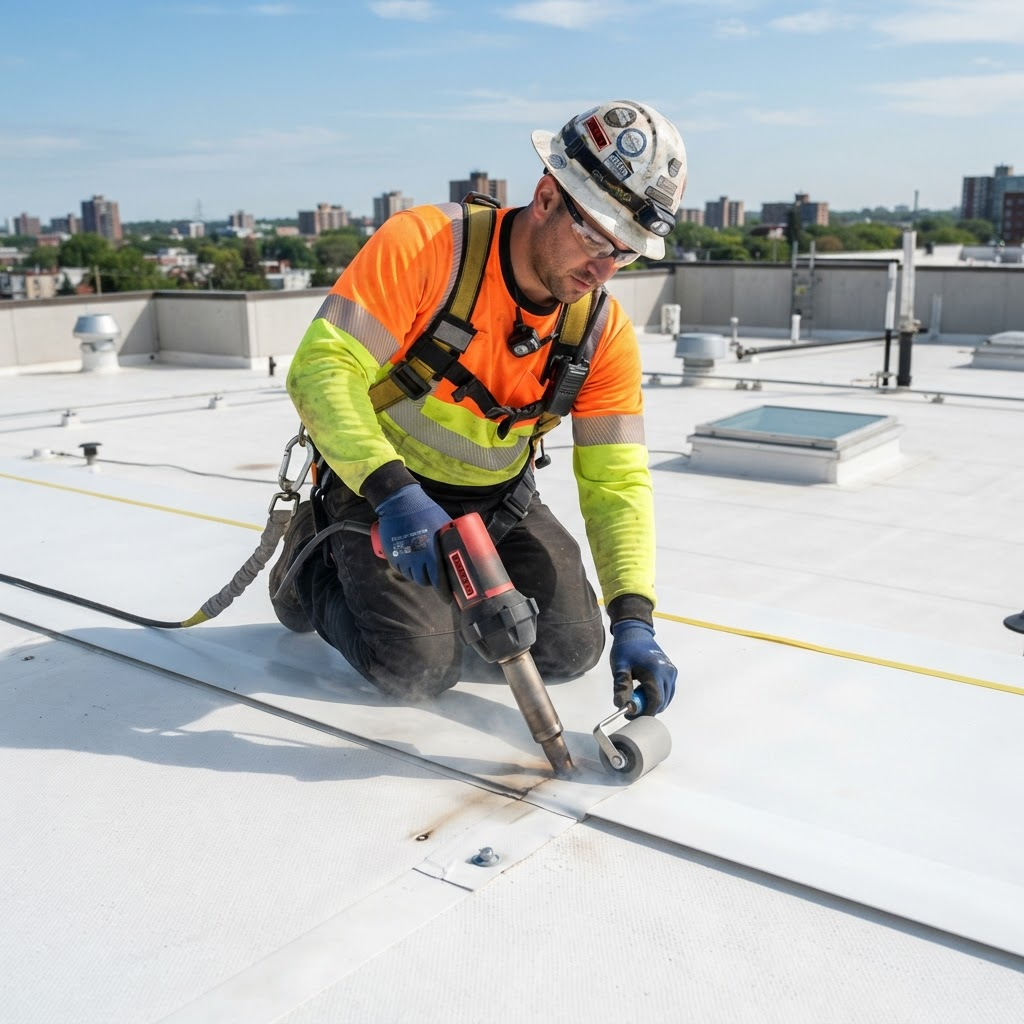 Roofing worker heat welding a white PVC membrane seam on a flat roof