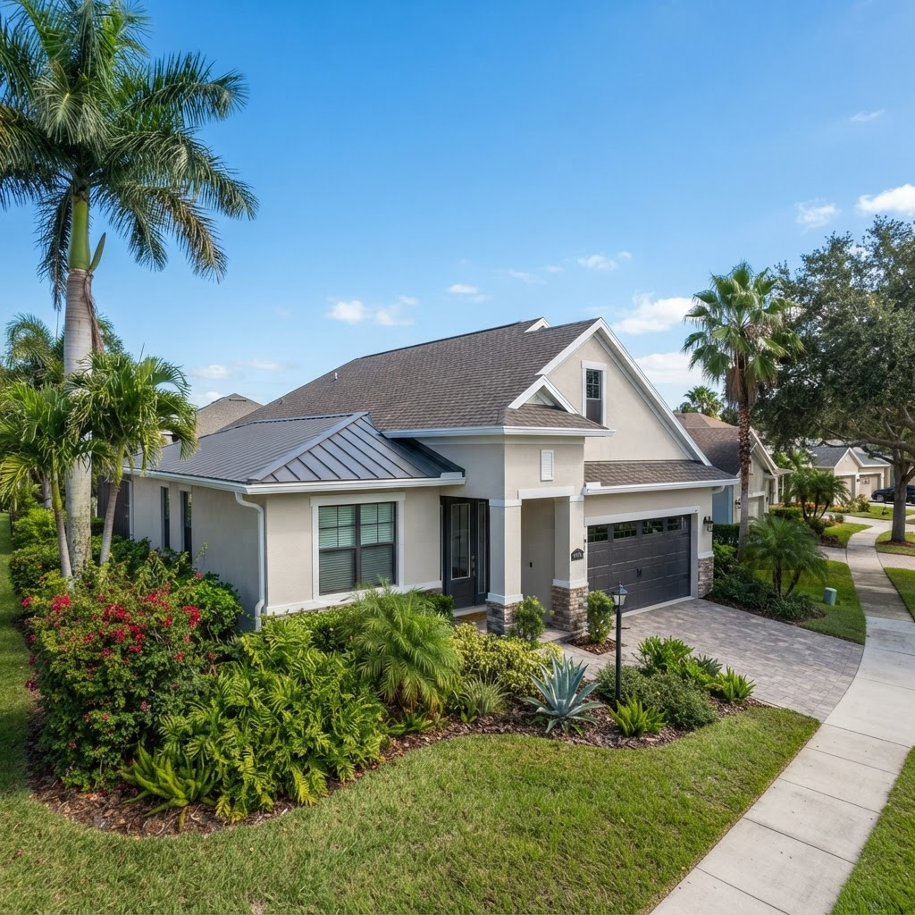 Florida home exterior with a low-slope roof section and clean gutters