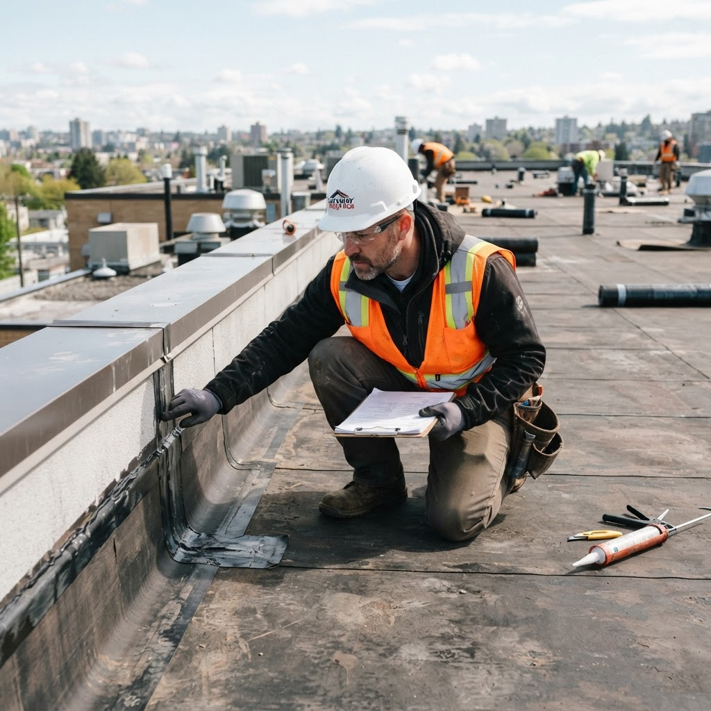 Roofing contractor inspecting a flat roof surface with a clipboard